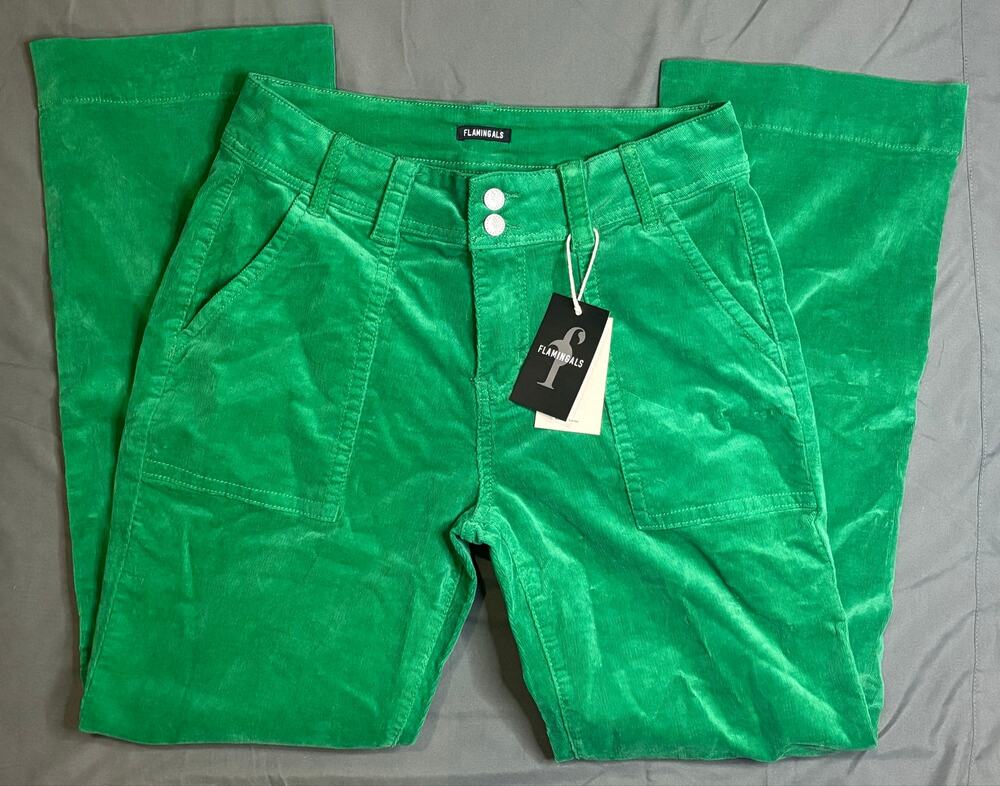 Flamingals Women’s Large Green Corduroy Pants Straight Wide Leg Cotton NWT